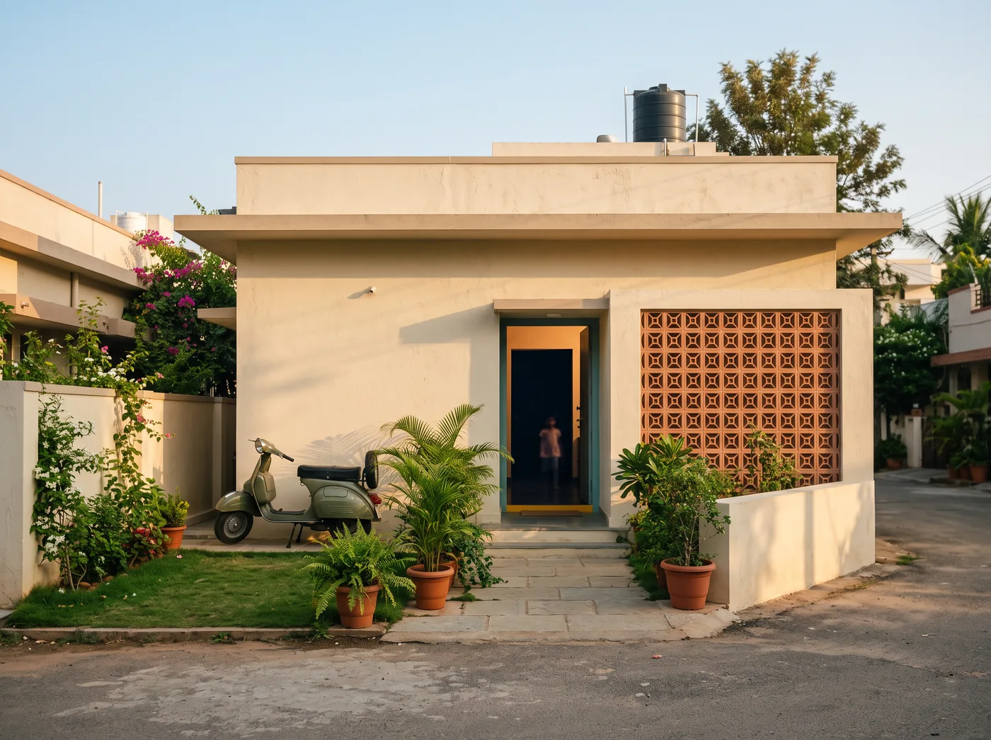 A modern Indian home at golden hour