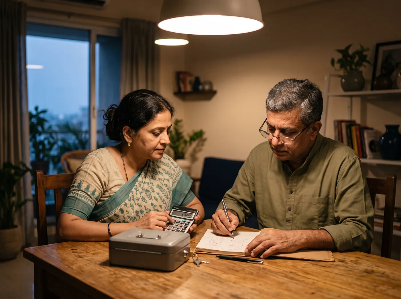 An older couple on a balcony in morning light