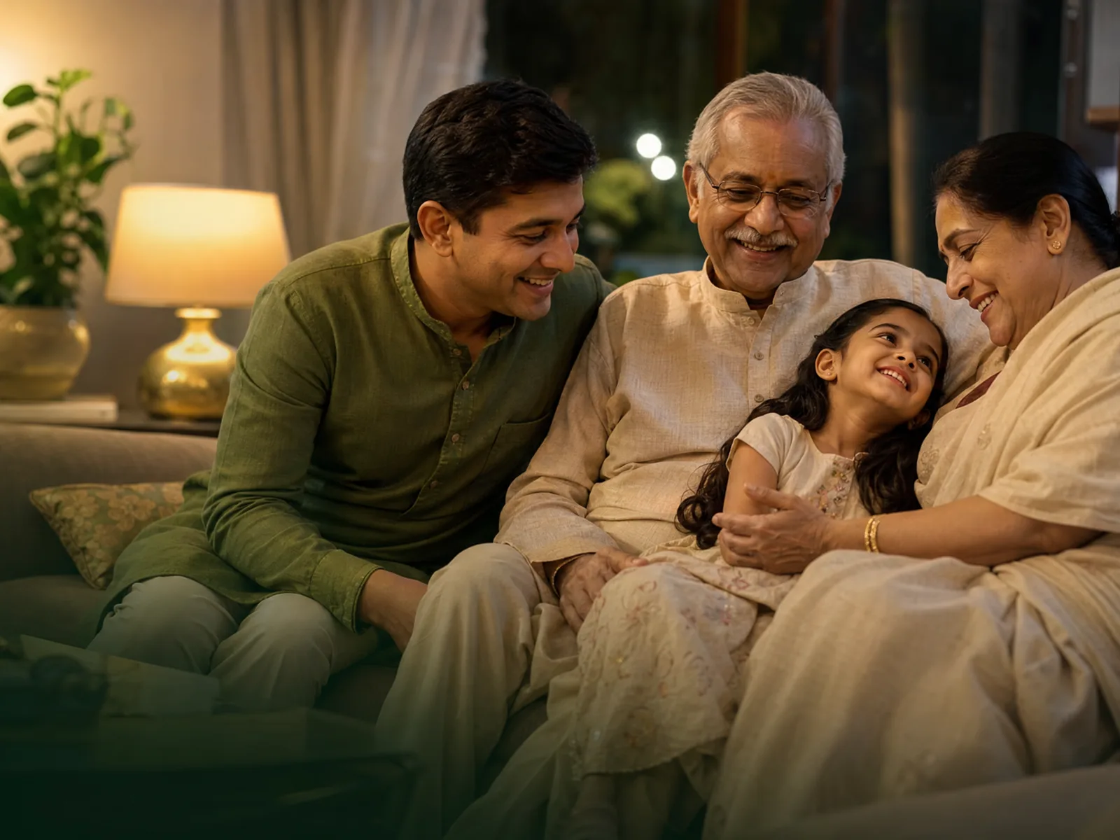 Three generations of a family sitting together at home in the evening