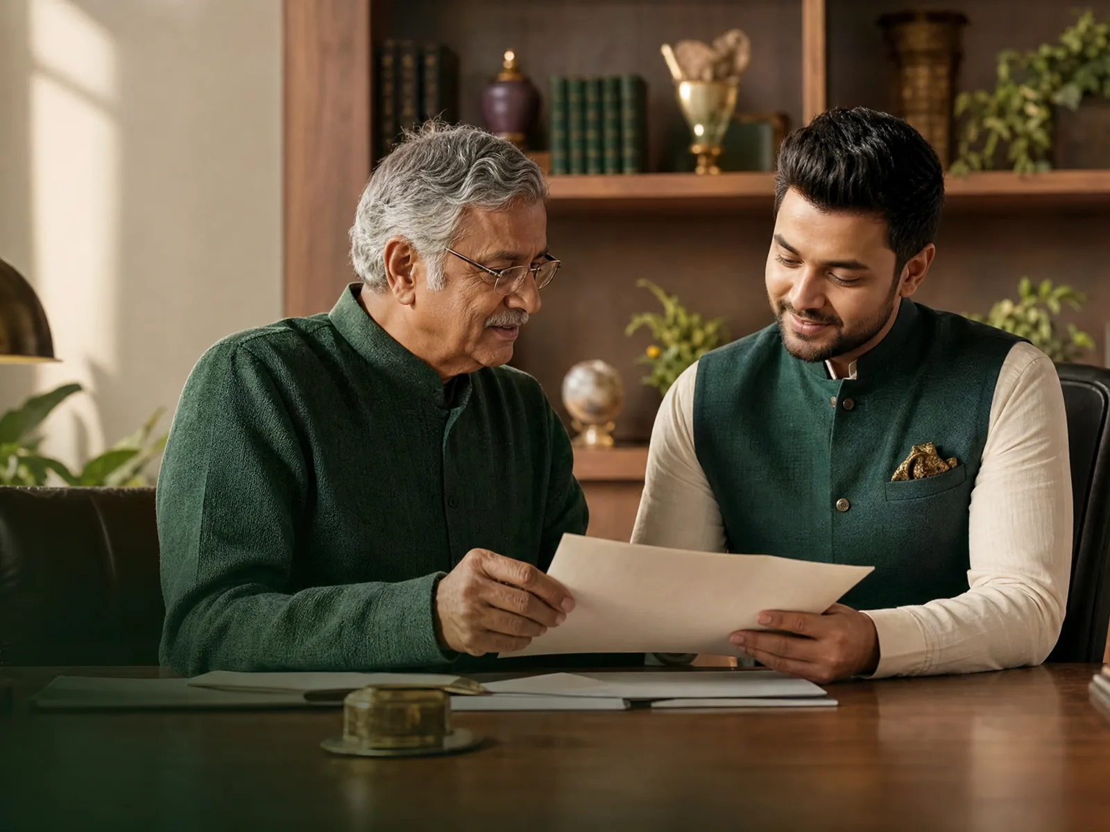 An adviser and a client reviewing a document across a desk